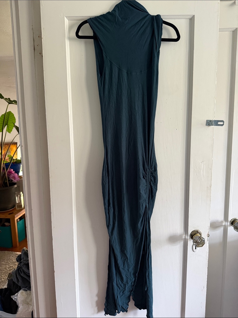 Sleeveless Cowl neck Caraucc Teal Maxi Dress - Casual Gathered Side